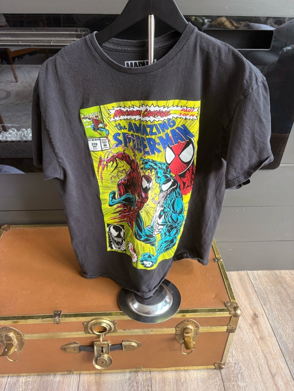Marvel Black Short Sleeve Tee with Yellow Spider-Man Comic Graphic